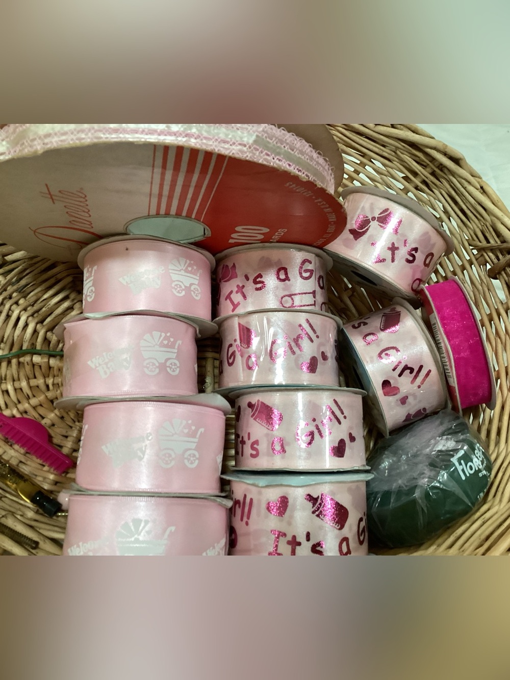 VTG “ ITS A GIRL” ribbon spools, 
13 spools in total.. pink ribbon